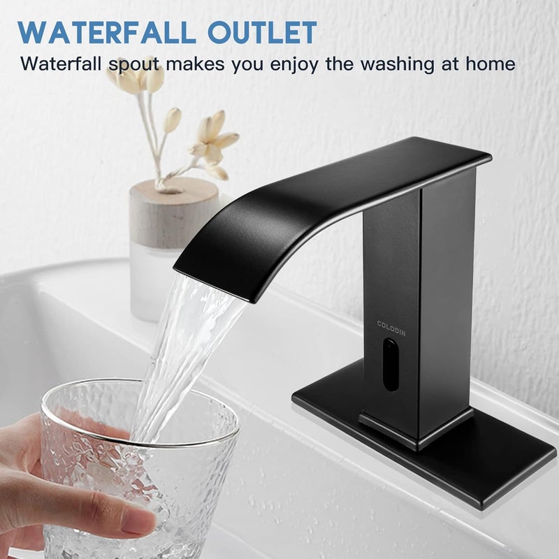 CDLODIN Touchless Bathroom Faucet, Automatic Sensor Waterfall Bathroom Tap, Modern Stainless Matte Black Sink, Hands Free Motion Sensor Lavatory Faucets for Sink 1 Hole - Image 3